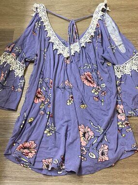 Always Indigo Purple Floral Cold-Shoulder Boho Blouse – Size L